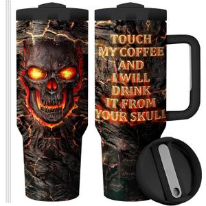 Fire Lava Skull Touch My Coffee And I Will Drink it for My Our Skull 40oz Insulated Tumbler,Funny Tumbler Gift for Him,Stainless Steel Vacuum Mug,Birthday Gifts for Men(Pack of 1)