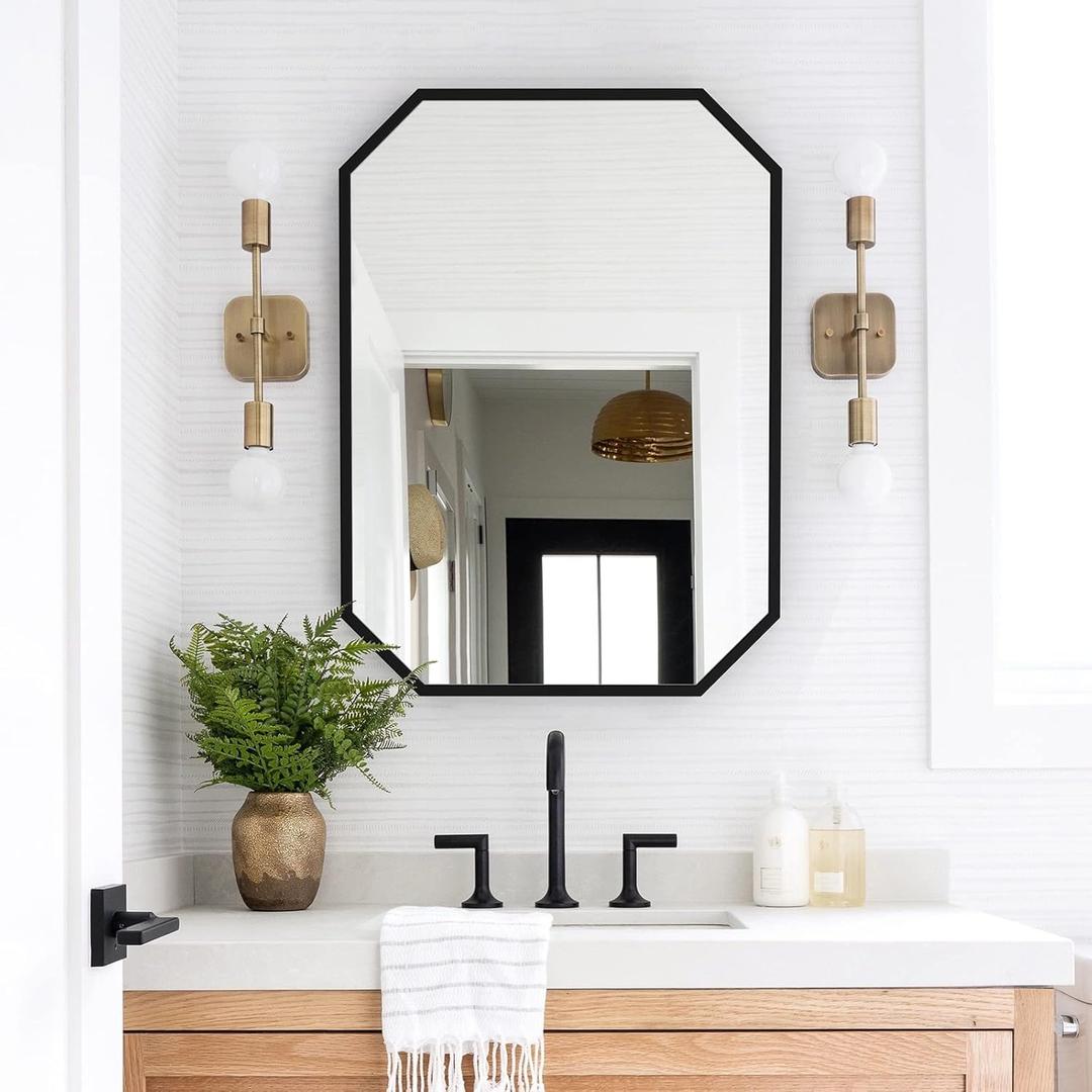 20"x28" Octagon Metal Mirror, Farmhouse Black Bathroom Mirror, Rectangle Wall Mounted Vanity Mirror Hanging for Bedroom Entryway Living Room Farmhouse Horizontal/Vertical