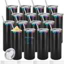 YOUKE OLA 16 Pack Rainbow Plated Stainless Steel Tumbler Straight Double Wall Powder Coated for Laser Engrave, 20oz Black To Iridescent