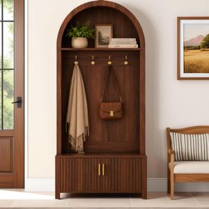 ComeWay 70.3" Arched Top Hall Tree with Storage and Mudroom Bench, Walnut