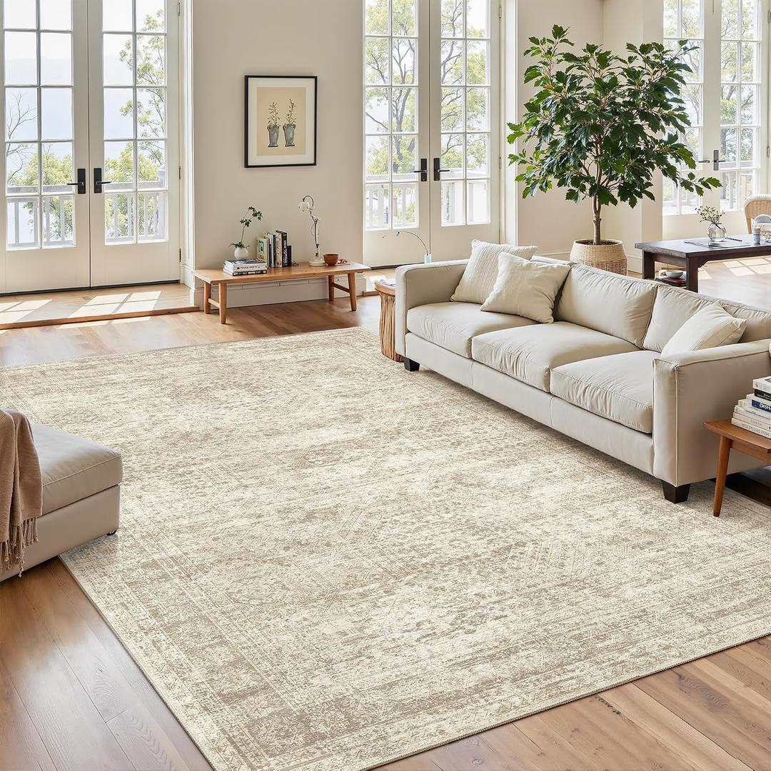 Soalmost 7x9 Area Rug for Living Room Washable Abstract Vintage Soft Thin Indoor Floor Non-Slip Carpet for Bedroom Dining Room Beige