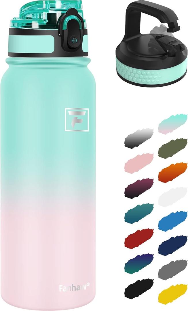 Fanhaw 20 oz Insulated Stainless Steel Water Bottle with Anti-Dust Chug Lid & Carabiner Lid, Leakproof Vacuum Metal Bottle for Kids, Teens & Adults, Back to School Essentials (Green Pink)