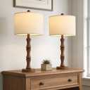 BOBOMOMO 25" Rustic Table Lamps Set of 2, Farmhouse Nightstand Lamps with Wood Grain Resin Base & Linen Shade, Standard Table Lamps for Bedroom, Living Room, End Table & House Dcor (MEDIUM 25-Light Walnut Color)