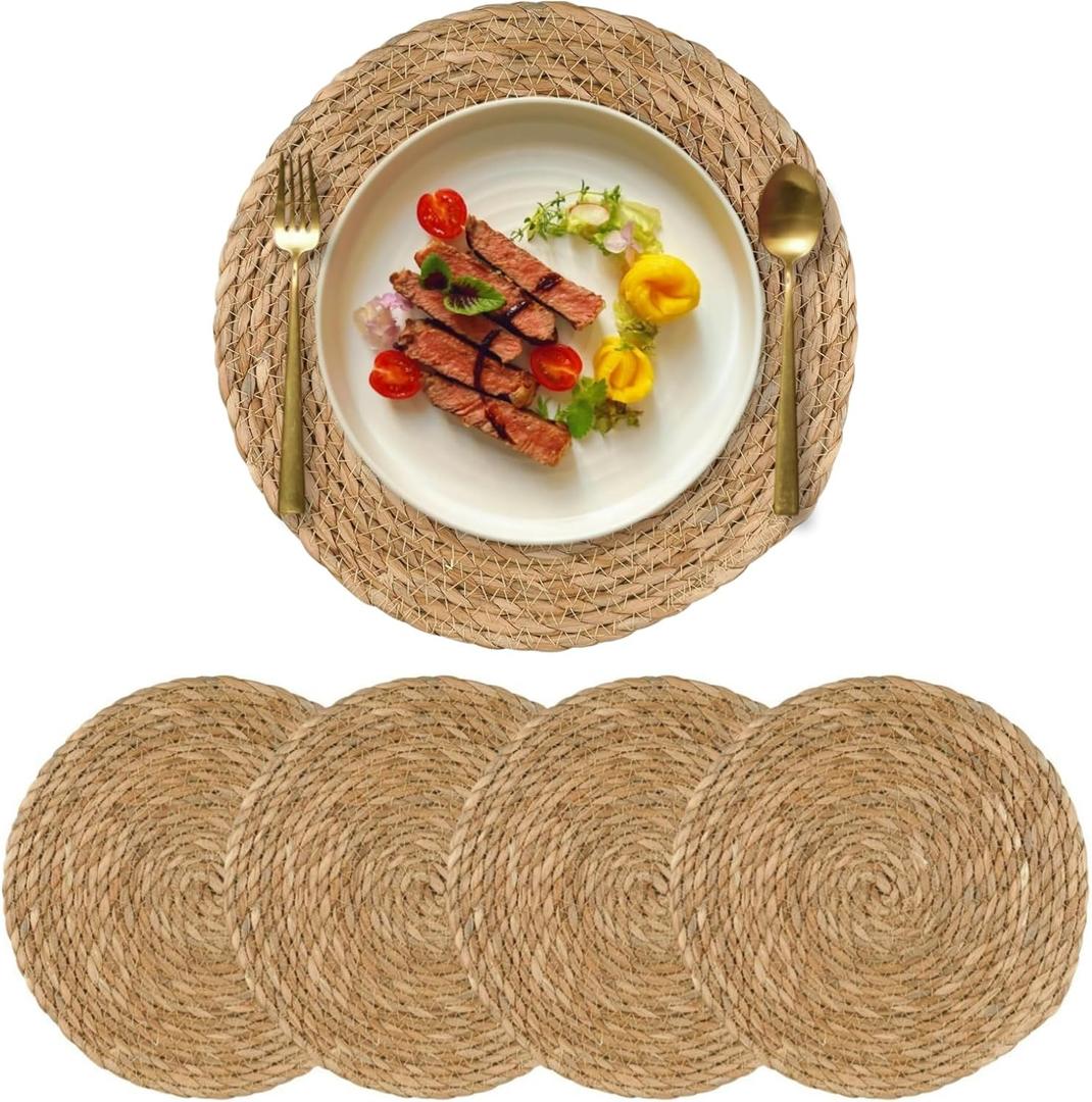 15 inch Round Woven Placemats Set of 4, Boho Rattan Natural Hand-Woven Water Hyacinth Placemats, Chargers for Dinner Plates, Farmhouse Weave Place Mats, Rustic Wicker Table Mats Decor for Home,Wedding