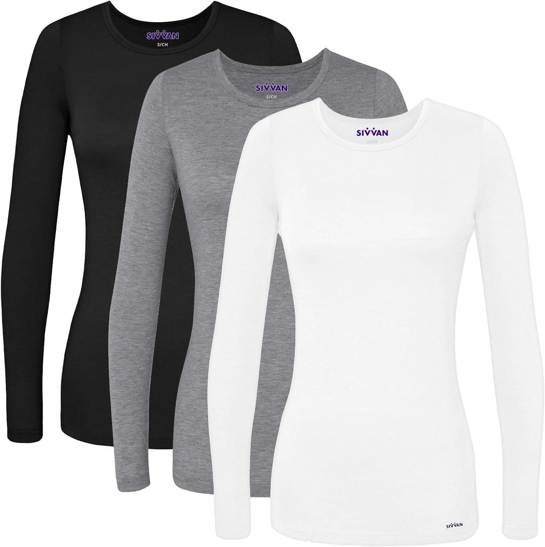 Sivvan Scrubs for Women - Long Sleeve Comfort Underscrub Tee 3-Pack (X-Small, Black / Dark Marl Grey / White) Sivvan Scrubs for Women - Long Sleeve Comfort Underscrub Tee 3-Pack (X-Small, Black / Dark Marl Grey / White)