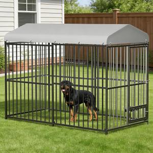 6 x 8FT Large Outdoor Dog Kennel with Waterproof Cover, Heavy Duty Metal Dog Run Enclosure with Feeding Doors, Large Dog House for Dogs, Chickens, Outdoor Pet Cage