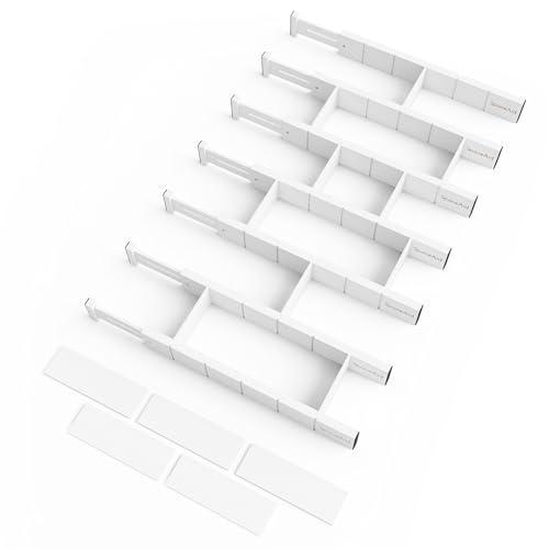 SpaceAid Bamboo Drawer Dividers with Inserts and Labels, Kitchen Adjustable Drawer Organizers, Expandable Organization for Home, Office, Dressers, 7 Dividers with 15 Inserts (17"-22" White)
