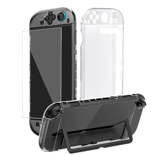 Clear Dockable Case for Switch 2 with 7.9'' Screen Protector, Tempered Glass Protective Case Cover, fit 2025 Console PC Case Soft TPU Grip Cover for JoyCons, Anti-Scratch Shockproof