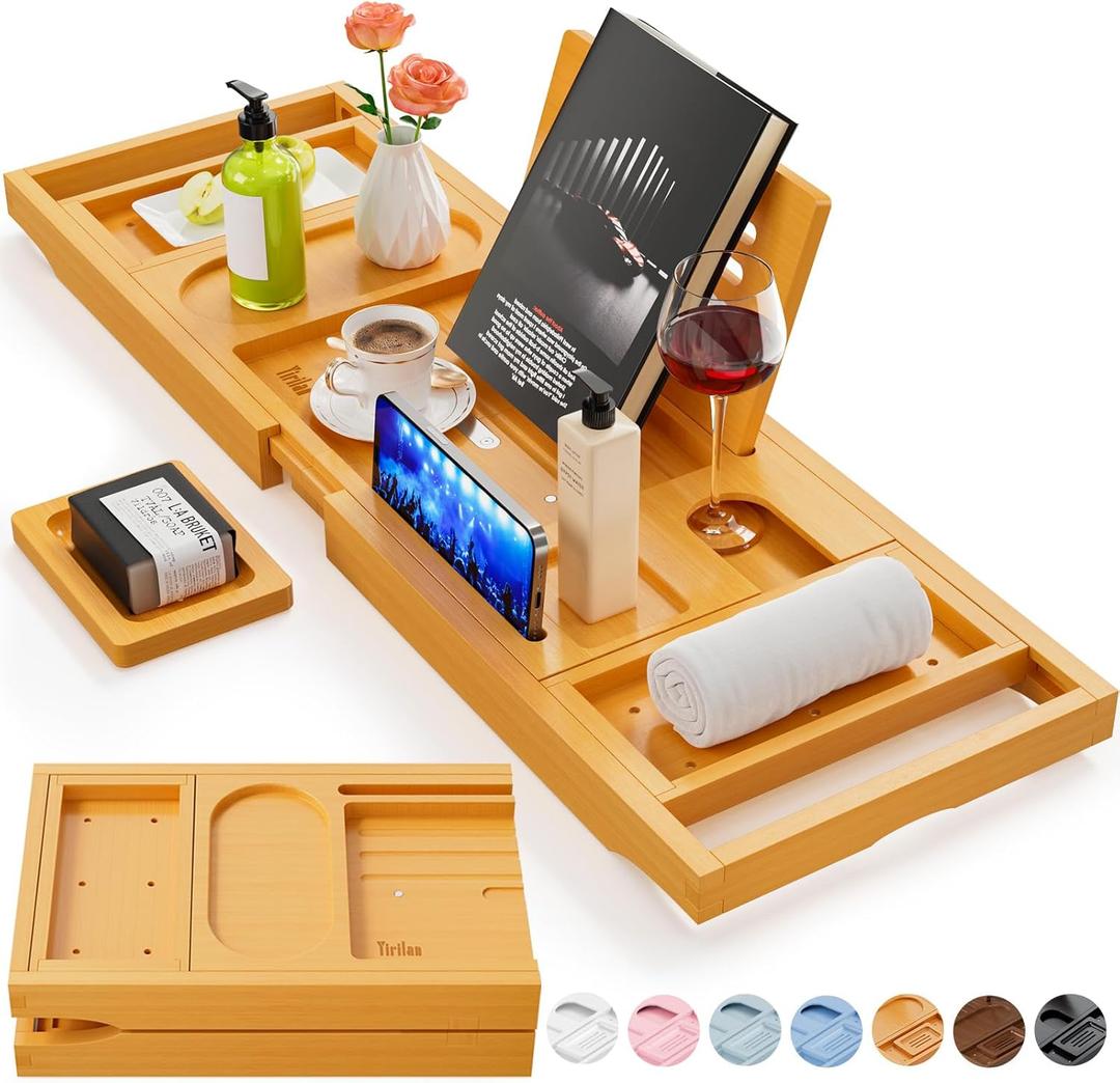Premium Bathtub Tray Caddy, Expandable Bath Tray, Unique House Warming Gifts, New Home, Anniversary and Wedding Gifts for Couple, Bridal Shower Gift for Women (Bamboo)