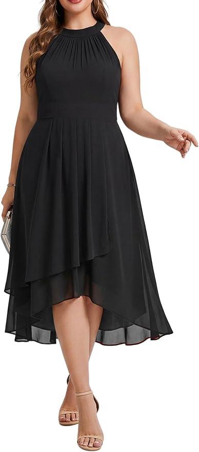 Ever-Pretty Plus Women's Sleeveless Halter A Line Pleated High Low Plus Size Wedding Guest Cocktail Dresses
 3XL