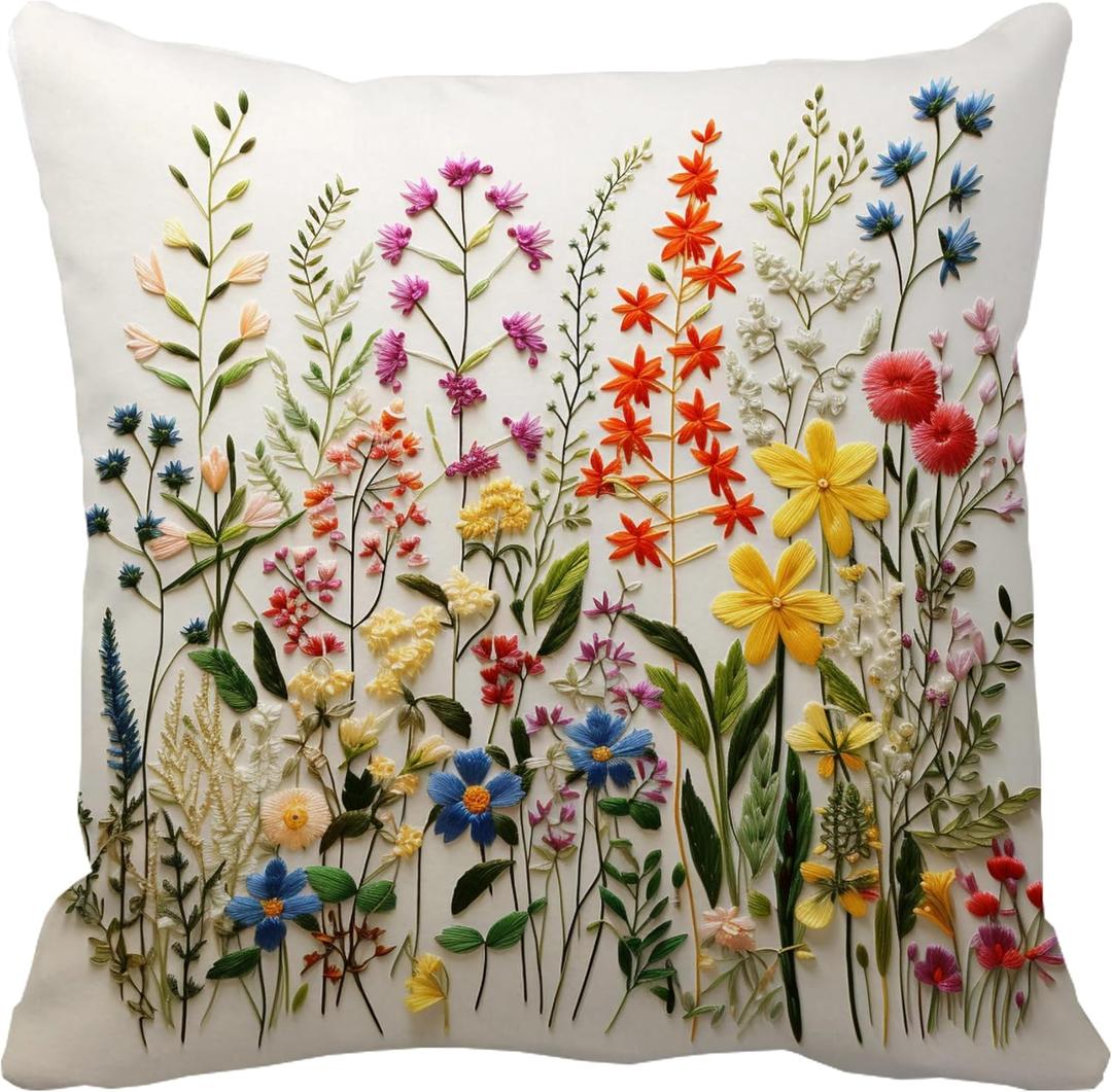 Leaveland Wildflower Faux Embroidery Print 18x18 Inch Throw Pillow Cover Boho Embroidered Floral Decorative Soft Cushion Case Spring Summer Fall Christmas Home Decor Gift Sofa Luxury Flower Pillowcase