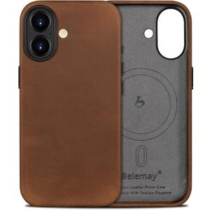 Belemay Handcrafted Crazy Horse Leather Case for iPhone 17, Compatible with MagSafe, Vintage Aesthetic, Two-Tone Effect, Unique Patina, Camera Control Button, Metal Buttons (6.3"), Vintage Brown