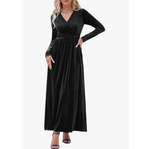 OUGES Women's Long/Short Sleeve V-Neck Wrap Waist Maxi Dress M Black