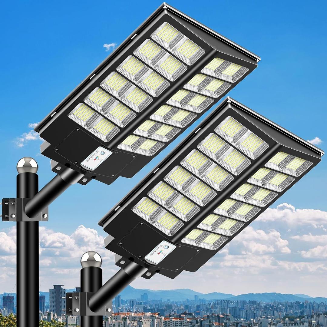 Solar Street Light 9000W, 7000K Solar Lights Outdoor, Motion Sensor Flood Lights with Remote Control, Dusk to Dawn IP66 Waterproof Outside Security Light for Parking Lot, Yard, Garage, 2 Pack
