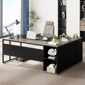 Tribesigns 71 inch Executive Desk, L Shaped Desk with Cabinet Storage, Executive Office Table with Shelves, Business Furniture Set Workstation for Home Office, Gray (Grey)