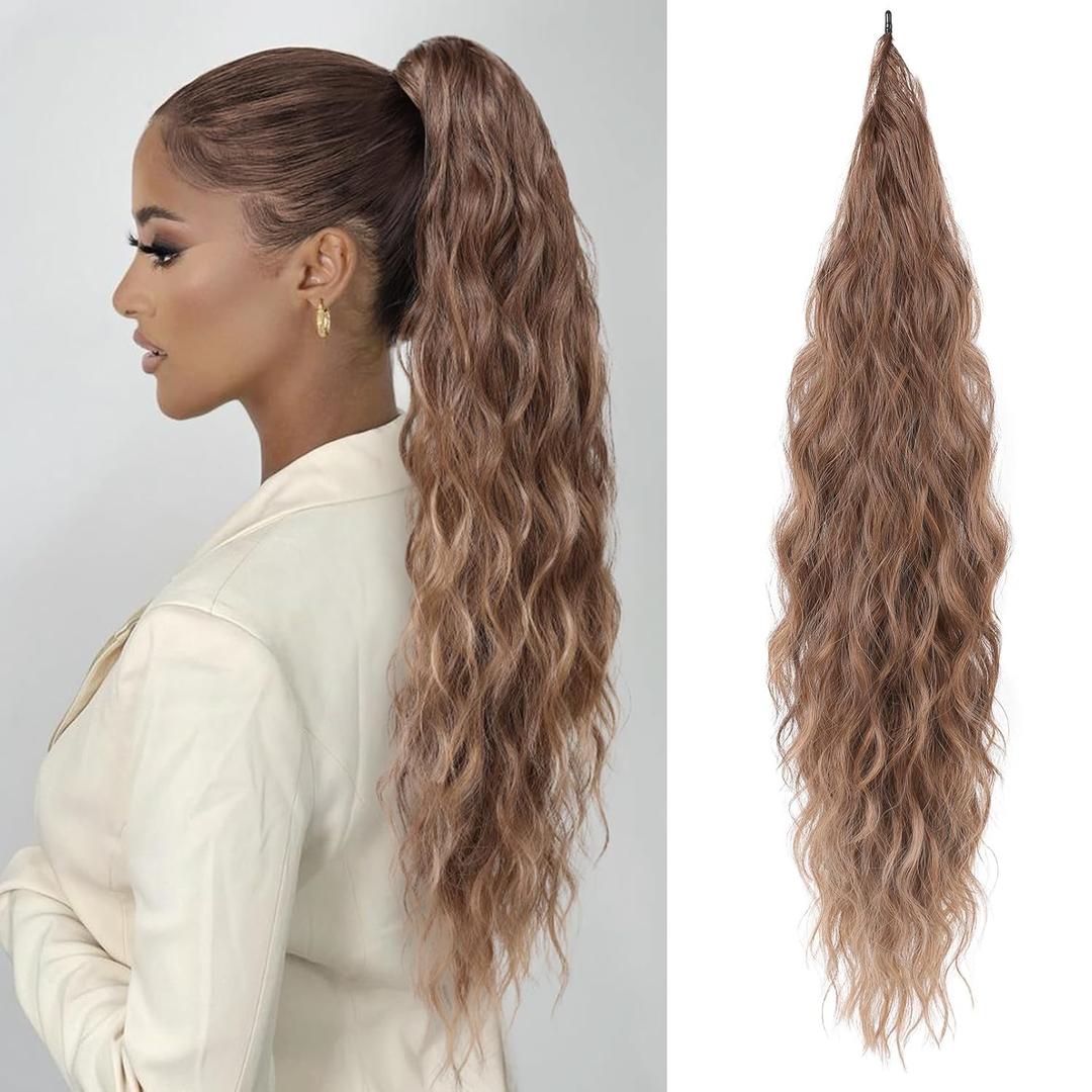 Flufymooz Ponytail Extension, Flexible Wrap Around Ponytail Extension Long Wavy Curly Ponytail Hair Extensions Natural pony tail Synthetic Hairpiece for Women 26 Inch (Chocolate Brown to Light Brown)