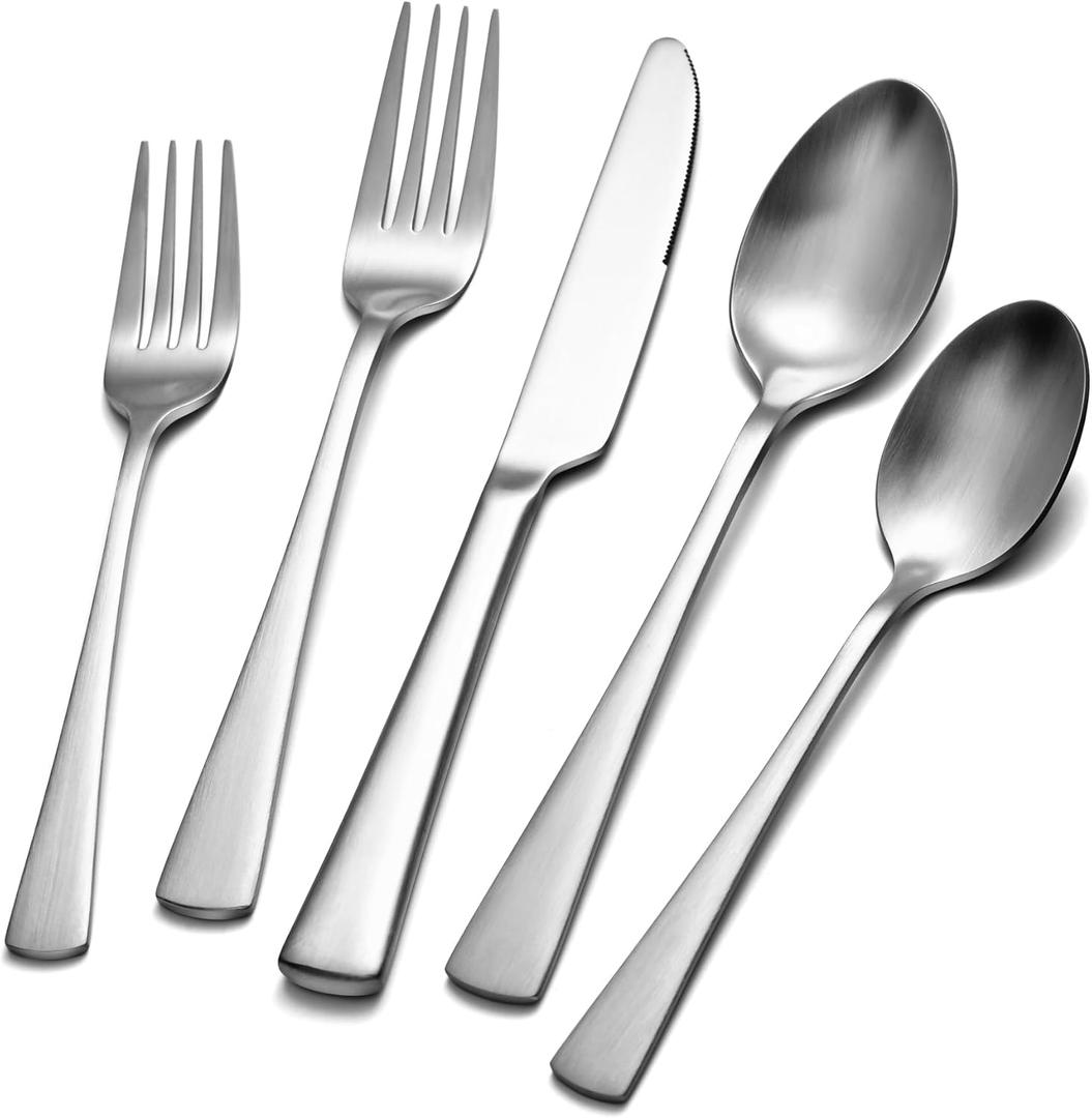 KINGSTONE Silverware Set for 8, 40-Piece 18/10 Stainless Steel Flatware Set, Forged Cutlery Set Matte Satin Finish, Dishwasher Safe