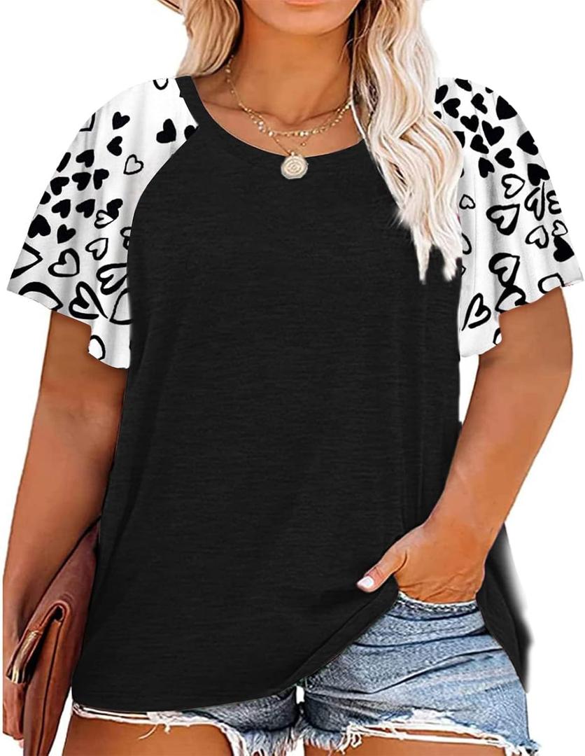 HDLTE Womens Plus Size Tops Floral Bell Sleeves Blouses Summer Crewneck Tunic Loose Casual T Shirts (4XL)