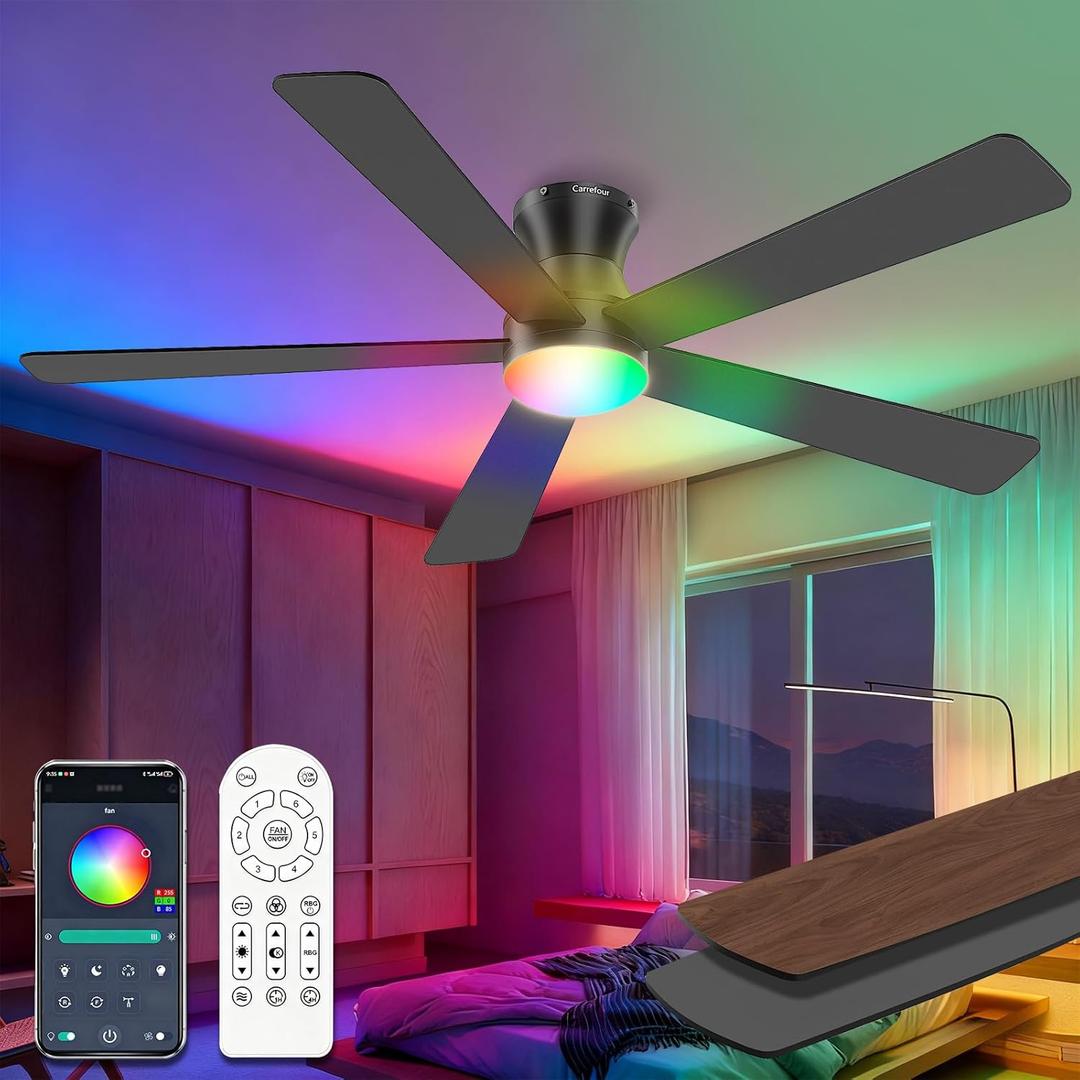 Carrefour Ceiling Fans with Lights 52 Inch Remote and App Control, Low Profile Flush Mount Modern Ceiling Fan with RGB Light, 6 Speeds Reversible DC Motor, Dimmable 3 CCT for Bedroom, Living Room (Matte Black)