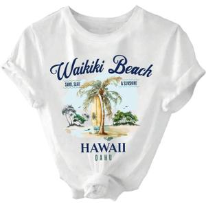 SweatyRocks Women's Letter Tropical Graphic T Shirts Summer Crewneck Short Sleeve Tee Tops (L)