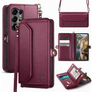 DJBull for Samsung Galaxy S25 Ultra Wallet Case with Card Holder, Shoulder and Wristlet Straps, Soft PU Leather, Magnetic Snap, Flip Phone Case for Women Men for Samsung S25 Ultra Wine Red