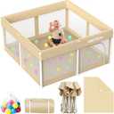 Foldable Playpen for Babies and Toddlers：Quick Setup 50x50in playpen with Mat - Collapsible Play Pen for Babies with Storage Bag for Indoor & Outdoor - Baby Fence Play Area with 30 Ocean Ball, Khaki