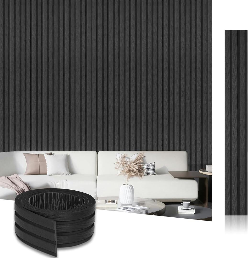 Black Peel and Stick PVC Slat Wall Panel, 4x96 Self-Adhesive Thick Faux Wood Grain Wallpaper Panel, 3D Sound Proof Panels for Walls, Removable Wood Panels for Wall Peel and Stick for Accent Walls