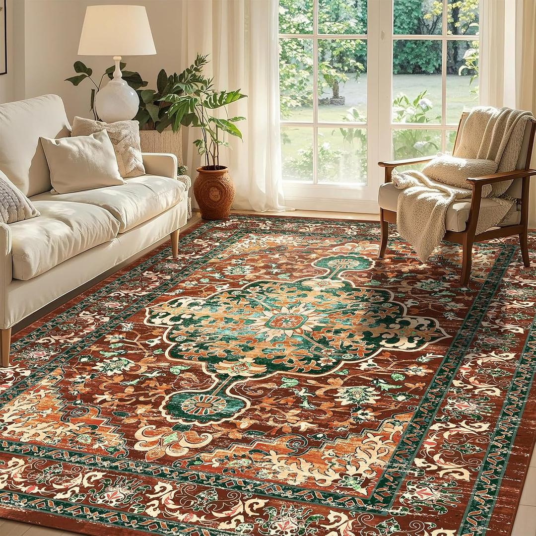 U'Artlines Boho Vintage Area Rug 6x9 ft Machine Washable Low Pile Soft Floor Carpet Non Slip Non Shedding Accent Rug for Living Room Bedroom Entryway Dining Room Office RustTeal (6'x9')