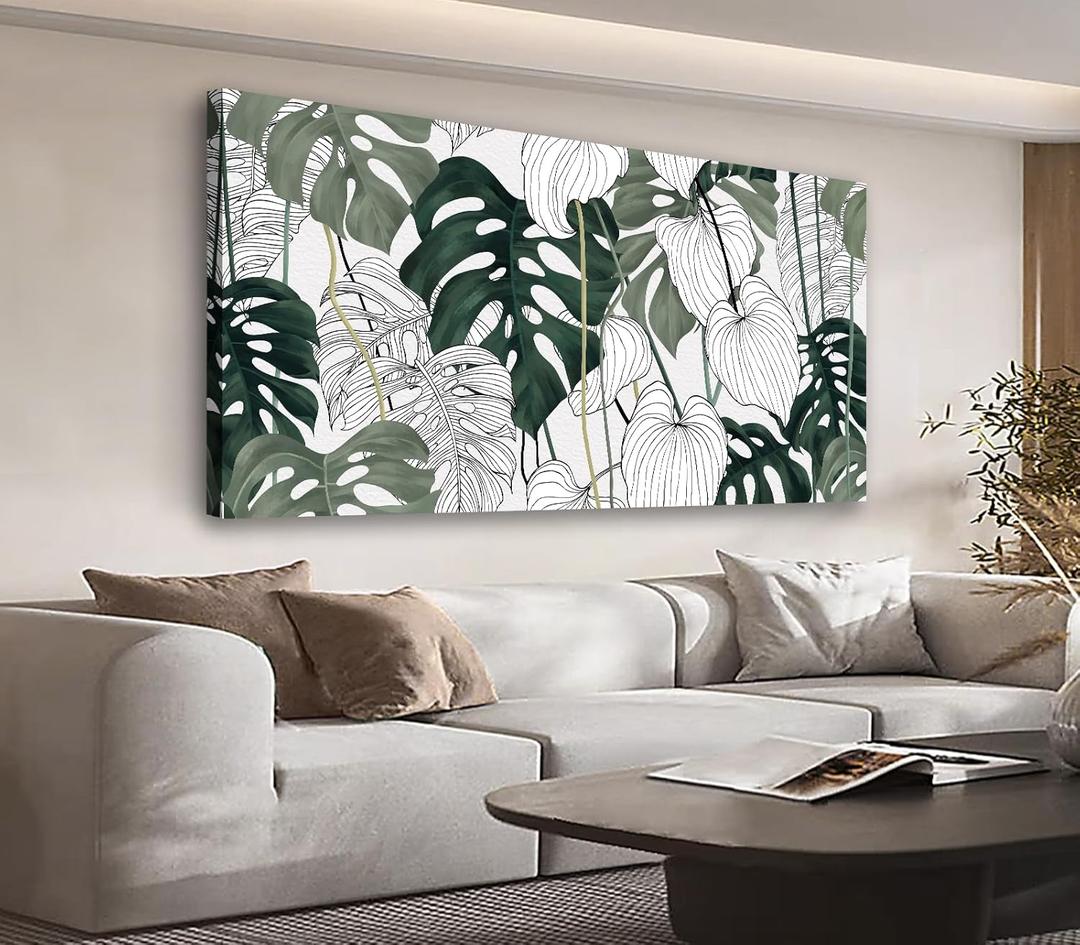 Large Tropical Botanical Wall Art for Living Room Decor Framed Art Green Monstera Leaf Canvas Pictures Boho Artwork Minimalist Plant Canvas Prints for Bedroom Kitchen Home Office Wall Decor 24" x 48"
