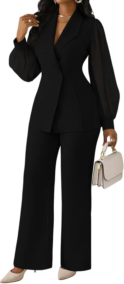 Kafiloe Women's Suits 2 Piece Set Dressy Long Sleeve Blazer Pants Suits Work Office Business Casual Outfits (Medium, Black)