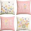 AVOIN colorlife Spring is in The Air Tulip Vase Throw Pillow Covers, 18 x 18 Inch Home Sweet Home Butterfly Pink Cushion Case Decoration for Sofa Couch Set of 4
