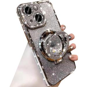 Glitter Kickstand Case for iPhone 15, Luxury Bling Sparkly Diamond Rhinestone with Camera Lens Protector Liquid Flowing Ring Stand TPU Bumper Slim Women Girls Case for iPhone 15 6.1" (Silver)