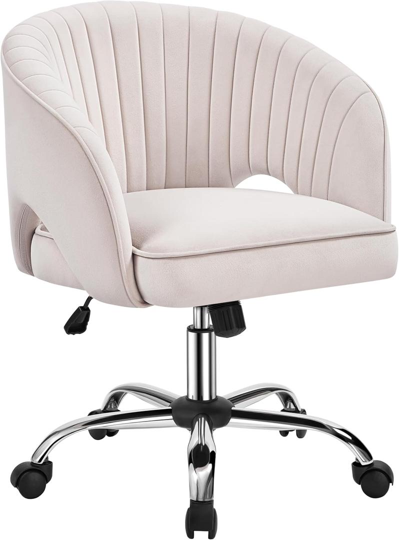 Yaheetech Cute Desk Chair Velvet Vanity Chair with Wheels Home Office Upholstered Modern Swivel Armchair with Tufted Barrel Back for Study, Vanity, Bedroom Cream