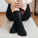 Women Cute Pilates Socks Grip Crew Yoga Socks Ruffle Cuff Embroidery Pattern Workout Ballet Socks (Black)