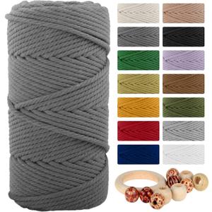 Macrame Cotton Cord 5mmx109 Yard 4 Strand, Munzong Natural Handmade 4 Twisted Cotton Rope for Wall Hanging Weaving Tapestry DIY Craft Knitting Plant Hanger Gift Wrapping Wedding Decor(100m, Gray)