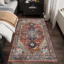 4x6 Washable Area Rug for Living Room, Bedroom & Dining Room - Non-Slip Durable Vintage Retro Carpet with Stain Resistant Easy Clean, Kid & Pet Friendly (Brown/Navy)