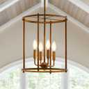 4 Light Chandelier,Farmhouse Ceiling Light Wood Grain Lantern Light Fixtures with Metal Cage Adjustable Height Rustic Hanging Light E12 Base for Kitchen Island, Dining Room, Living Room,Entryway