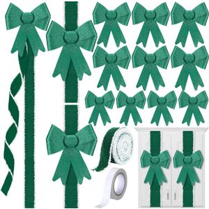 Daifunli 16 Pcs Velvet Christmas DIY Cabinet Ribbons Bows Large Christmas Door Kitchen Ribbon Cabinet Bows with 27 Meter Velvet Ribbons for DIY Xmas Holidays Kitchen Party Decorations(Green)