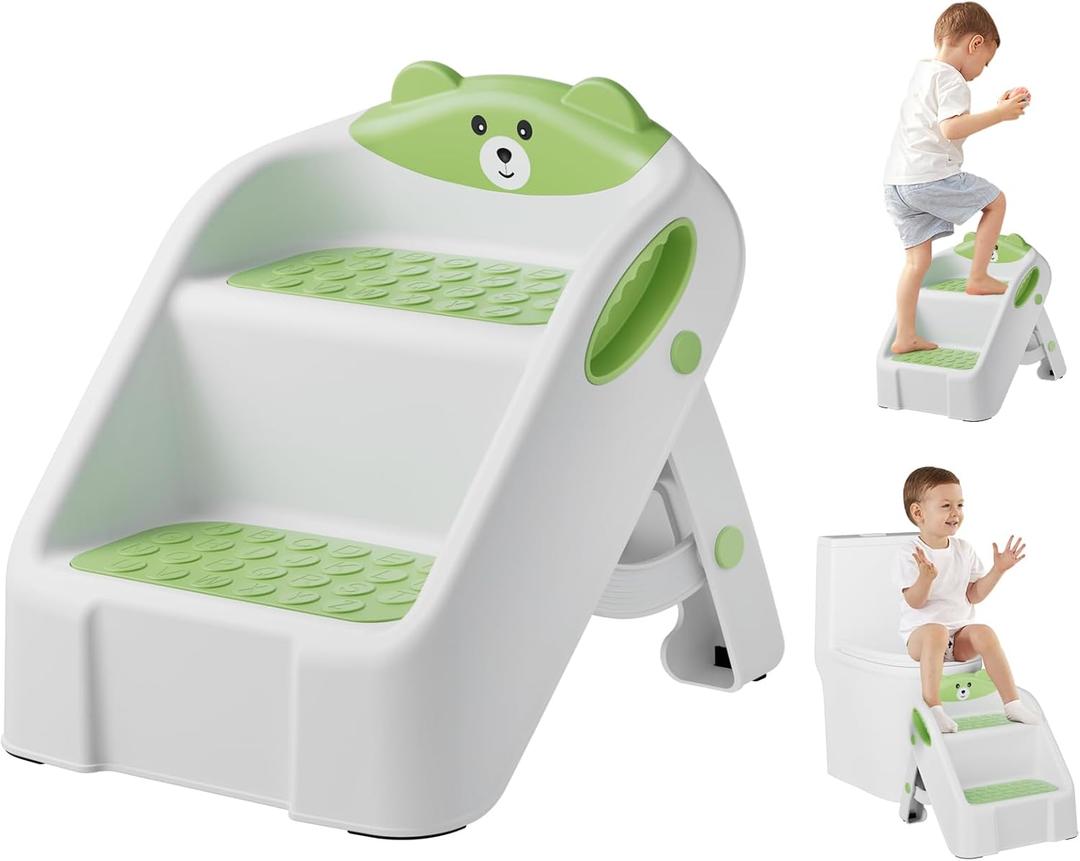 Step Stool for Toddlers, Toddler Step Stool for Bathroom Sink, Foldable Non-Slip Kids Stool with Handle, 2 Step Stools for Kids, Toddler Stool for Kitchen Bedroom Counter Sink (Green)
