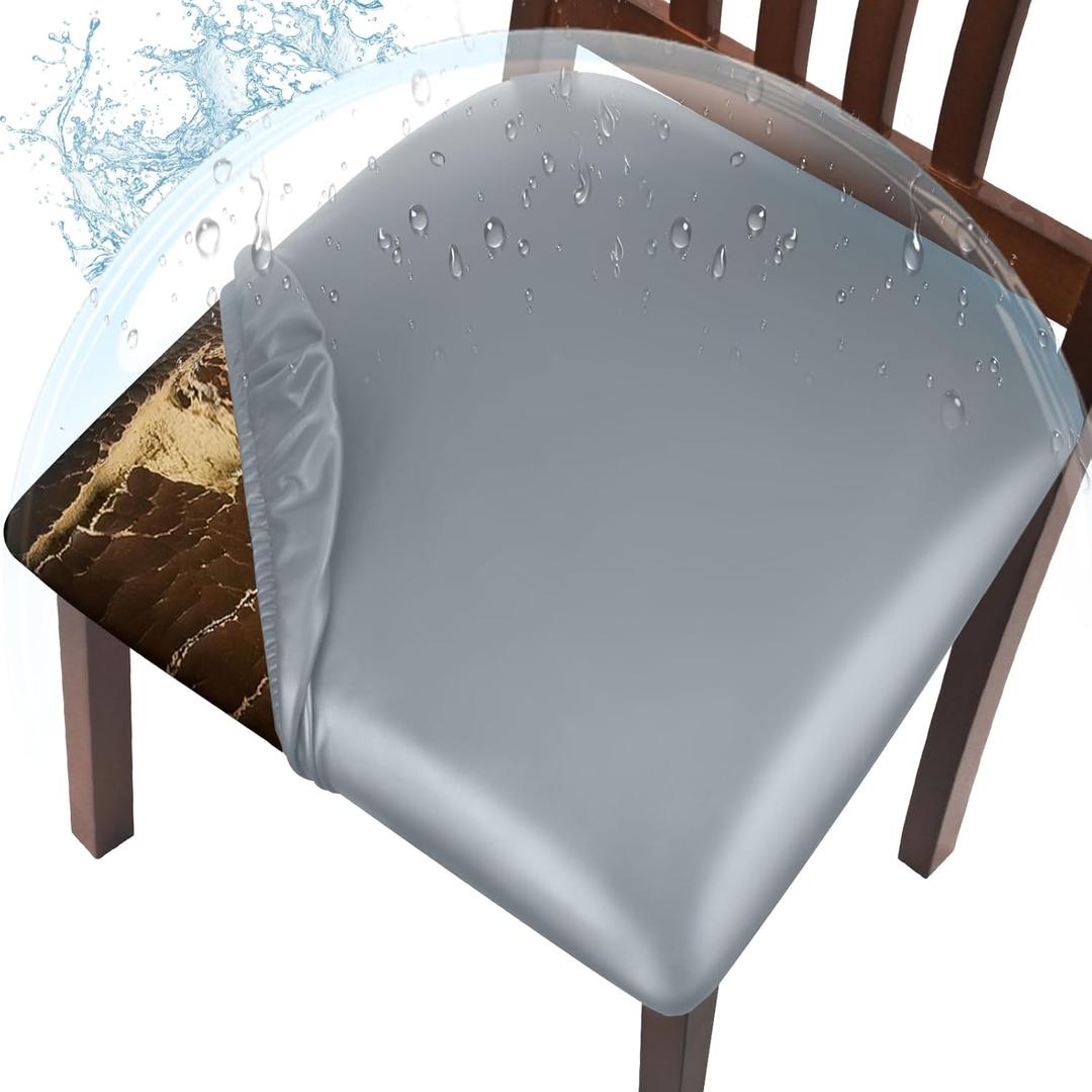 Leather Seat Covers for Dining Chairs Waterproof Chair Seat Covers Set of 6 Oilproof & Wipeable Kitchen Chair Seat Covers Protector with Buckle Strap (Grey, 6 Pcs) (Pu Gray)