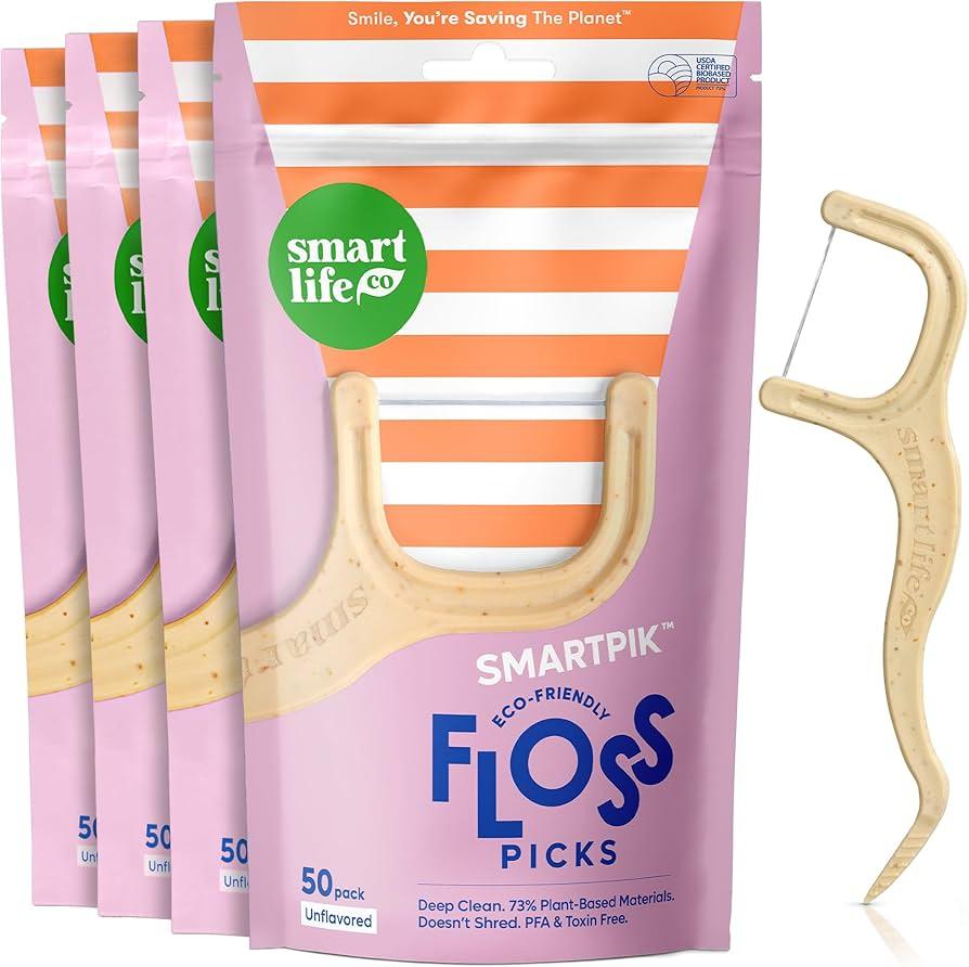 SmartLifeco EcoFriendly Dental Floss Picks (200ct)  Flossers Made With Straw Wheat Blend, Strong AntiShred Thread For Tight Gaps, Tooth Pick Stick For Adults, Soft on Gum & Teeth, Vegan, Unflavored