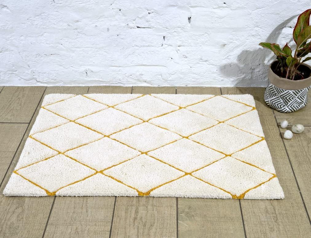 SHIKARA 100% Organic Bathroom Rug, Diamond Pattern Non Slip Soft Absorbent Shower Mats Washable Bath Rug Runner Floor Door Carpet 36x24 inches, Luxury Yellow-White (2' x 3' (Rectangular), Natural & Yellow Ochre)