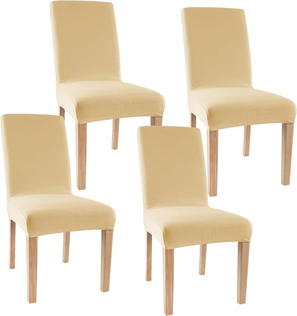 Obstal Stretch Spandex Dining Room Chair Covers ?Set of 4 Universal Removable Washable Chair Seat Slipcovers Protector for Kitchen, Ceremony, Banquet, Hotel and Party, Champagne