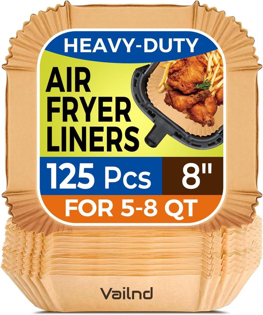 Air Fryer Paper Liners, 125Pcs Parchment Paper, Air Fryer Liners Disposable for Microwave, Non-Stick Air Fryer Liner Square Free of Bleach (8IN)