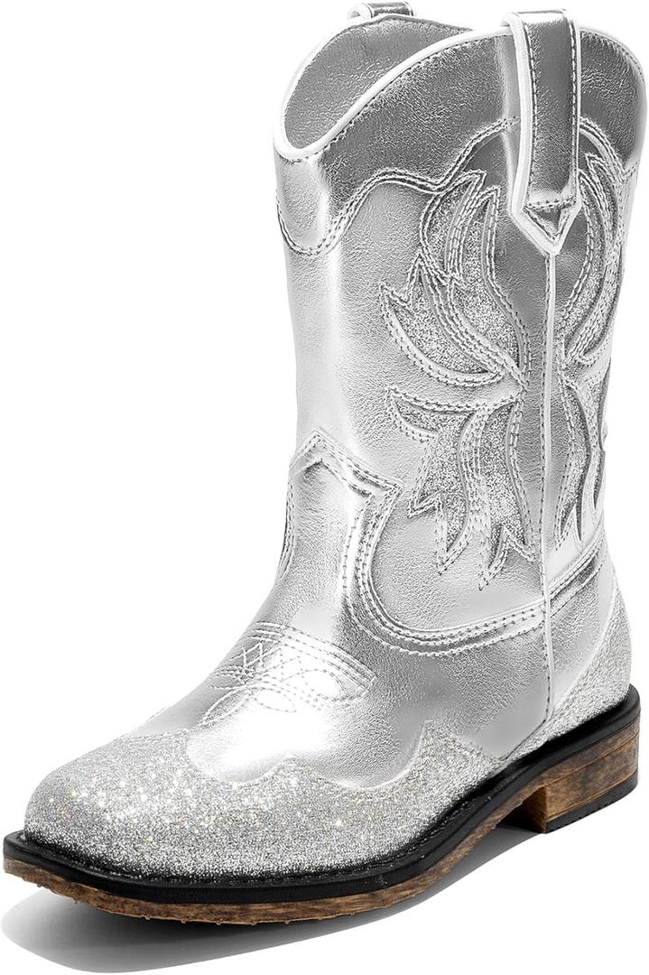 DREAM PAIRS Toddler Cowboy Boots Cowgirl Boots for Girls Square Toe Mid Calf Boys Western Fashion Riding Shoes for Toddler/ Little Kid/ Big Kid, Size 5 Big Kid, Silver