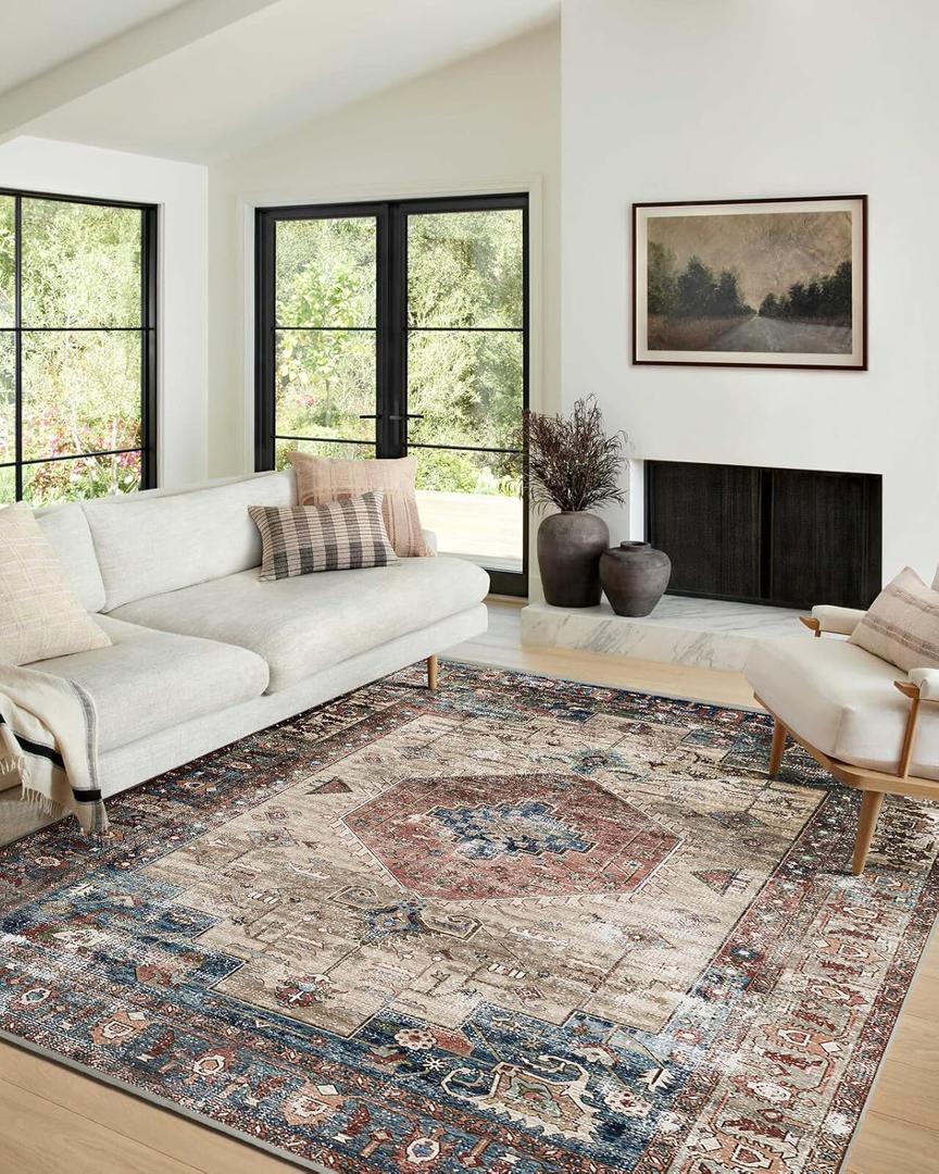 vivorug 9x12 Area Rugs for Living Room, Non Slip Machine Washable Vintage Rug, Ultra-Thin Lightweight Large Area Rug for Bedroom, Dining Room, Low Pile Brown (Brick Red/ Navy)