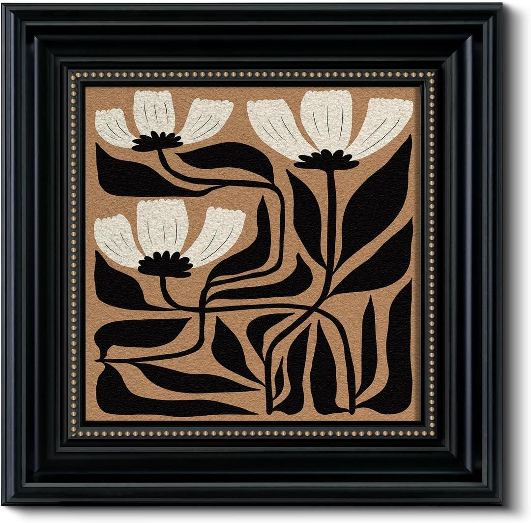 Framed 3D Textured Vintage Floral Wall Art 16x16 Abstract Flower Painting, Sandstone Finish Botanical Print, Minimalist Black White Geometric Design, Bedroom Office Gallery Decor
