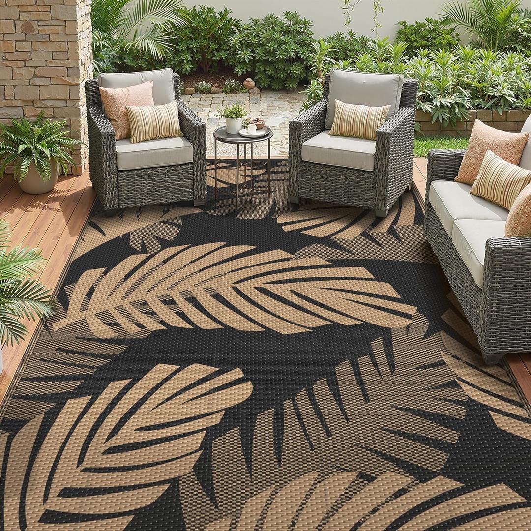GENIMO Outdoor Rug, Waterproof Plastic Rugs for Patio, 5'x8' Black Brown | Outside Larger Leaf Carpet Mat for Porch Decor, Deck, Balcony, Camping, RV, Backyard, Picnic, Beach, Reversible, Foldable