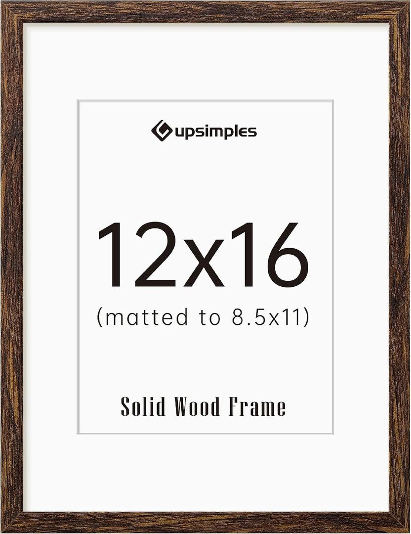  12x16 Frame, Natural Solid Wood Picture Frames, Display 8.5x11 with Mat or 12 x 16 Without, Vertical & Horizontal Wall Hanging, 1 Pack, Walnut