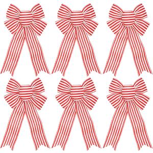 6pcs Red and White Striped Bows - 8 x 12.5 Inches, Christmas Tree and Gift Bows for Craft